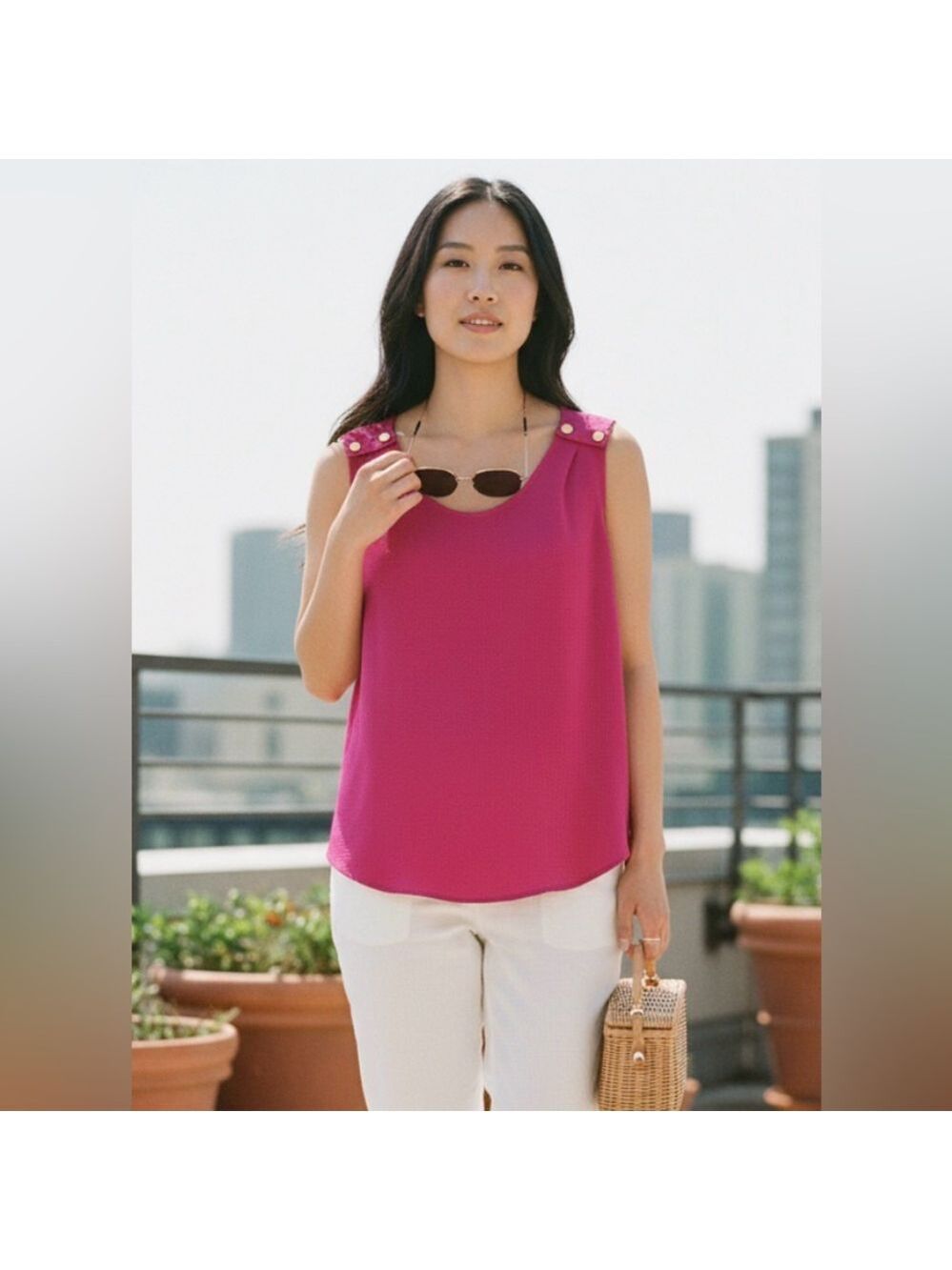 Jones New York Fuchsia Tank Top with Gold Buttons
